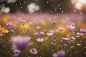 A beautiful field of flowers with flying petals