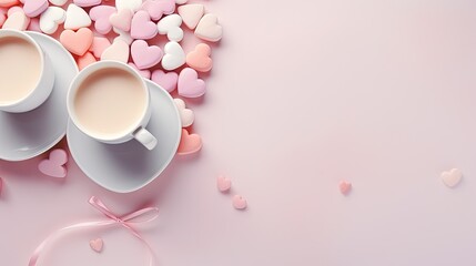 Obraz na płótnie Canvas two mugs of coffee surrounded by hearts on a pink background. generative ai