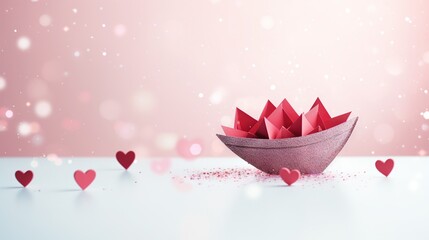  a paper boat with hearts floating around it on a table.  generative ai