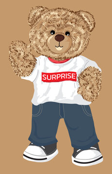 Hello i'm teddy bear slogan with bear doll illustration on Brown background