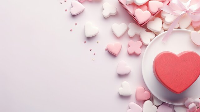 a white plate with a heart on it surrounded by pink and white hearts.  generative ai