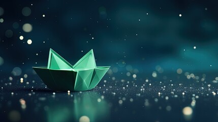  a green origami boat sitting on top of a table.  generative ai - obrazy, fototapety, plakaty