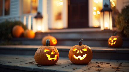 Halloween Jack O Lanterns on house front step
