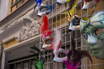 Carnival masks in a flea market