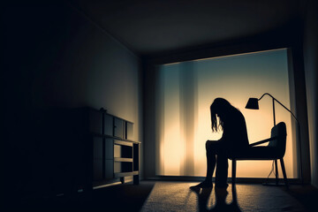 Silhouette photo of a young woman feeling sad, unhappy or disappointed, crying alone in her room. Generative Ai.
