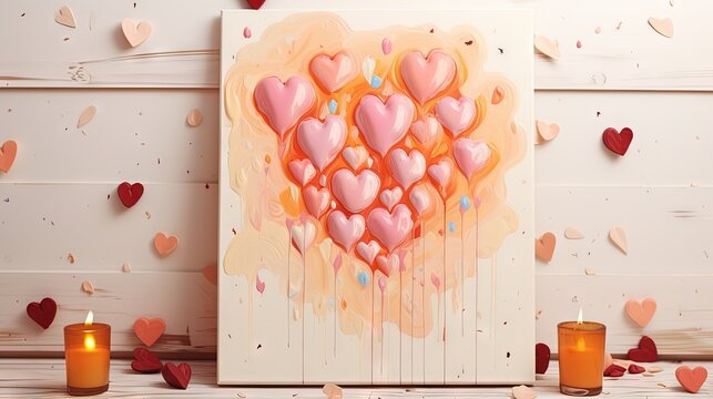 a picture of a heart - shaped painting on a wall with candles.  generative ai