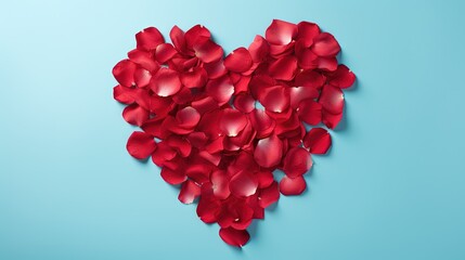  a heart shaped arrangement of red petals on a blue background.  generative ai