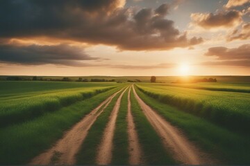 Beautiful summer rural landscape Panorama of summer green field with Empty road and Sunset cloudy