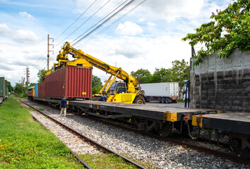 Fototapeta na wymiar freight train container loading container Bangkok Port