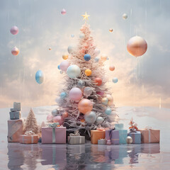 Winter day. New Year's tree decorated with balls of pastel colors. there are colorful gift boxes around. The decorations are in the air. Reflection on the ice.
