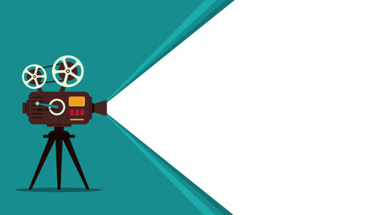 Obraz premium Retro movie projector for cinema's background. Cinematography poster for festival design. Vintage camera with film reel and spotlighted place. vector illustration