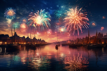 Fototapeta premium fireworks on the river