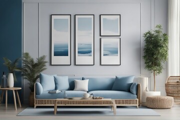 Japandi minimalist living room with frame mockup in white and blue tones sofa rattan furniture