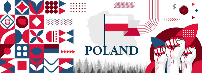 Poland National or Independence Day abstract banner design with flag and map. Flag color theme geometric pattern retro modern Illustration design.