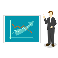 グラフを説明するスーツの男性