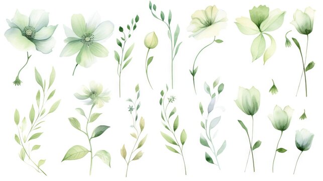  a set of watercolor flowers and leaves on a white background.  generative ai