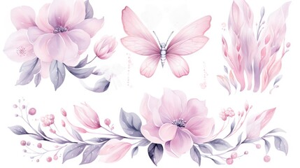  a set of flowers and butterflies with leaves and flowers on a white background.  generative ai
