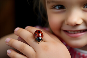 Red ladybug on a little girl finger