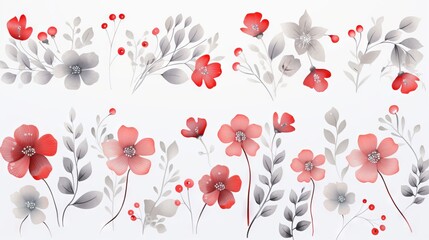  a painting of red flowers and leaves on a white background.  generative ai