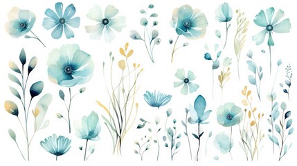  a set of watercolor flowers and plants on a white background.  generative ai
