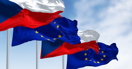 National flags of Czech Republic waving with EU flags on a clear day - obrazy, fototapety, plakaty