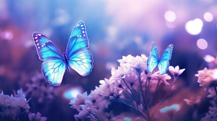  two blue butterflies flying over a field of white and pink flowers.  generative ai