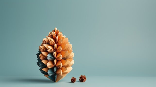  an origami flower and a pine cone on a blue background.  generative ai
