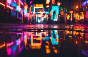 Fototapeta na wymiar Multi-colored neon lights on a dark city street, reflection of neon light in puddles and water. Abstract night background, blurred bokeh light. Night view colorful