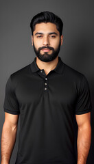Obraz premium a handsome Latin man with a beard, wearing a black polo on a black background. Generated by AI