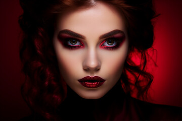 Fototapeta premium Generative AI portrait picture of beautiful glamorous luxury make up fashion model girl over red maroon background