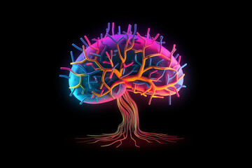 brain with artificial intelligence neon colors
