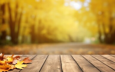 Naklejka na ściany i meble Autumn maple leaves on wooden table, falling leaves natural background for web banner, design template. Generative AI