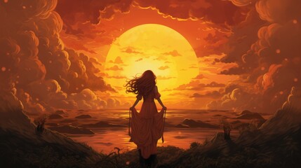 Fototapeta premium The big sun was setting, an orange-red tint.