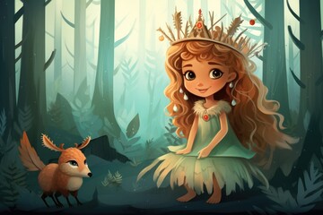 Obraz na płótnie Canvas Illustration of young princess in the fairytale forest scene, Generative AI
