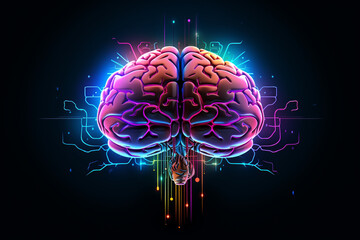 brain with artificial intelligence neon colors - Powered by Adobe