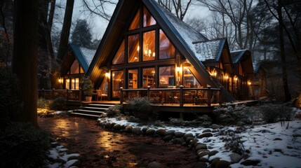 Fototapeta premium Cozy cabin in the snow Winter retreat Professional , Background Image,Desktop Wallpaper Backgrounds, HD