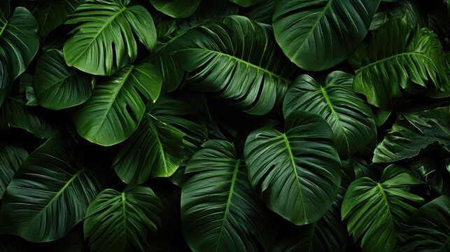 Closeup nature view of green leaf and palms background, flat lay, Generative AI © tonstock