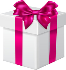 One big white gift box with pink ribbons and bow