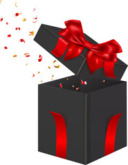 One big gift box with red ribbons and bow, and pieces of serpentine