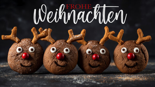 Frohe Weihnachten, Feiertag Grußkarte mit deutschem Text – Nahaufnahme eines Rentier Rudolph Weihnachtsmann Kekse mit Nikolausmütze auf schwarzem Tisch aus Beton