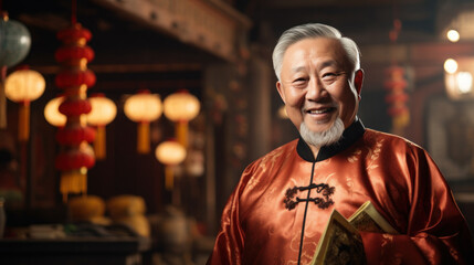 Fototapeta premium A senior Chinese man wearing Chinese clothing celebrates the Chinese New Year in an old Chinese town