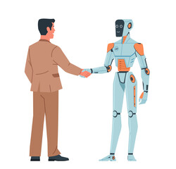 Businessman shakes hands with cyborg. Modern flat cartoon illustration isolated on white background