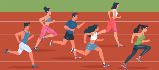 Men and women running on race track. Training to marathon. Modern flat cartoon illustration