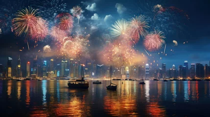 Foto op Plexiglas Hong Kong Happy New Year Festival and Firework © EmmaStock