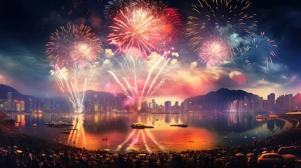 Fotobehang Hong Kong Happy New Year Festival and Firework © EmmaStock
