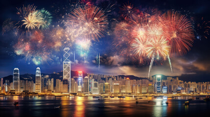 Hong Kong Happy New Year Festival and Firework - obrazy, fototapety, plakaty