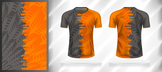 Vector sport pattern design template for V-neck T-shirt front and back with short sleeve view mockup. Dark and light shades of grey-orange color abstract geometric texture background illustration.