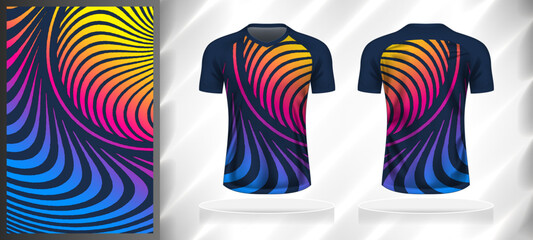 Vector sport pattern design template for V-neck T-shirt front and back with short sleeve view mockup. Shades of blue-pink-yellow color gradient abstract curve line texture background illustration.