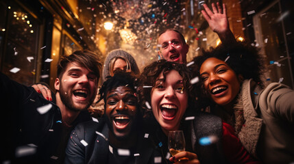 People happily celebrate the new year together - obrazy, fototapety, plakaty