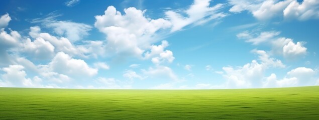Fototapeta premium Green grass field agains the blue cloud sky, Generative AI